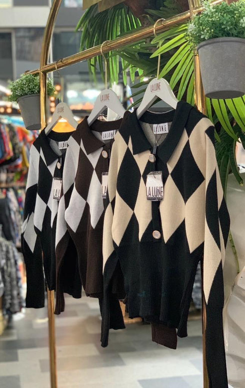 Plaid Polo Neck  Long Sleeve Sweater